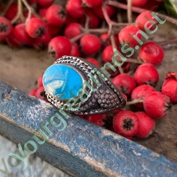 Turquoise Ring in Sterling Silver with Dot Bead Design Size 5 3/4 - Picture 4 of 5